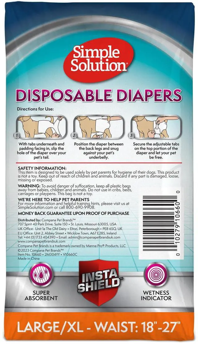 Alt view image 6 of 6 - Disposable Dog Diapers, Female Dog Diapers, Puppy Potty Training, Incontinence and Heat Cycle Protection, Large Diapers for Dogs, 18-27 Inch Waist, 30 Count