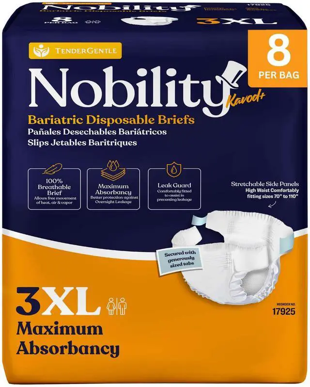 Main image of 3XL Adult Diapers for Women and Men - 8 Bariatric Disposable Briefs with Tabs and Stretchable Side Panels - Breathable with Maximum Absorbency