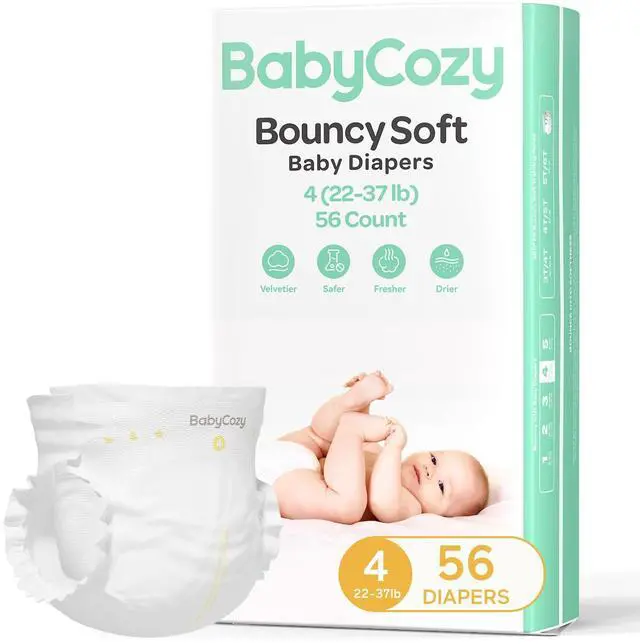 Main image of Diapers Portable Pack Size 4(22~37lb), 56 Count Babycozy Bouncy Soft Diapers Disposable Hypoallergenic Diapers to Protect Sensitive Baby Skin