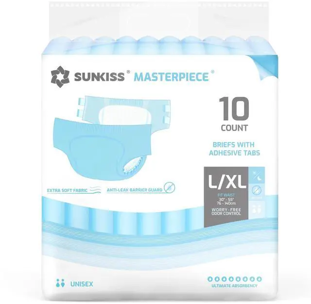 Main image of Masterpiece Adult Diapers with Tabs, Unisex Disposable Incontinence Briefs for Women and Men, Odor Control, Blue, L/XL, 10 Count