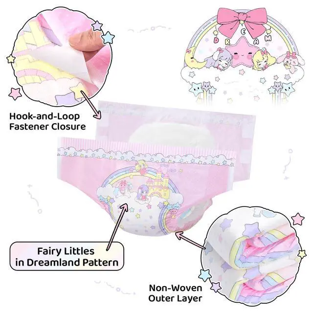Alt view image 2 of 7 - Ultra Absorbent 7000 mL Adjustable Hook-and-Loop Fastener Closure Adult Printed Cloth Back Diaper 10 Pieces - Fairy Littles in Dreamland (Medium 28"-38")