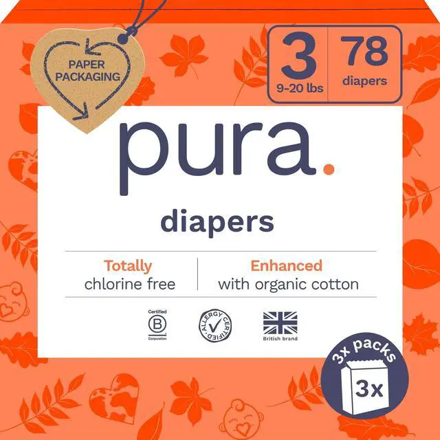 Main image of Size 3 Eco-Friendly Diapers (9-20 lbs) Totally Chlorine Free (TCF),Hypoallergenic, Soft Organic Cotton, Sustainable, up to 12 Hours Leak Protection, Allergy UK,26 Count (Pack of 3) (78 Baby Diapers)