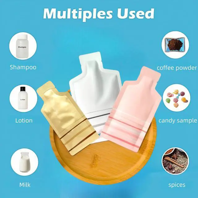 Alt view image 5 of 7 - 100 Pack 1.97x4.3inch White Heat Seal Sample Mylar Packets for Travel | Empty Disposable Bags, for Portable Toiletries, Liquid Shampoo Container, Single Serving Coffee Powder Condiments Storage