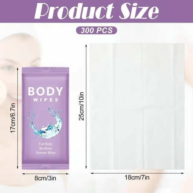 Alt view image 2 of 7 - 300 Pcs Large Body Wipes Bulk Deodorant Travel Size for Homeless Care Package Supplies Individually Wrapped Adults Bathing No Rinse Wet Wipes Men Women Hygiene Items(7.09" X 9.84",Purple)