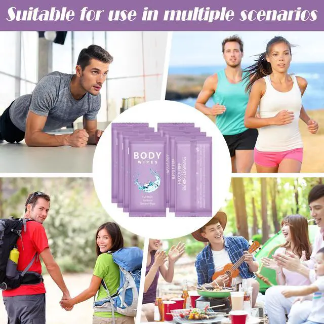 Alt view image 4 of 7 - 300 Pcs Large Body Wipes Bulk Deodorant Travel Size for Homeless Care Package Supplies Individually Wrapped Adults Bathing No Rinse Wet Wipes Men Women Hygiene Items(7.09" X 9.84",Purple)