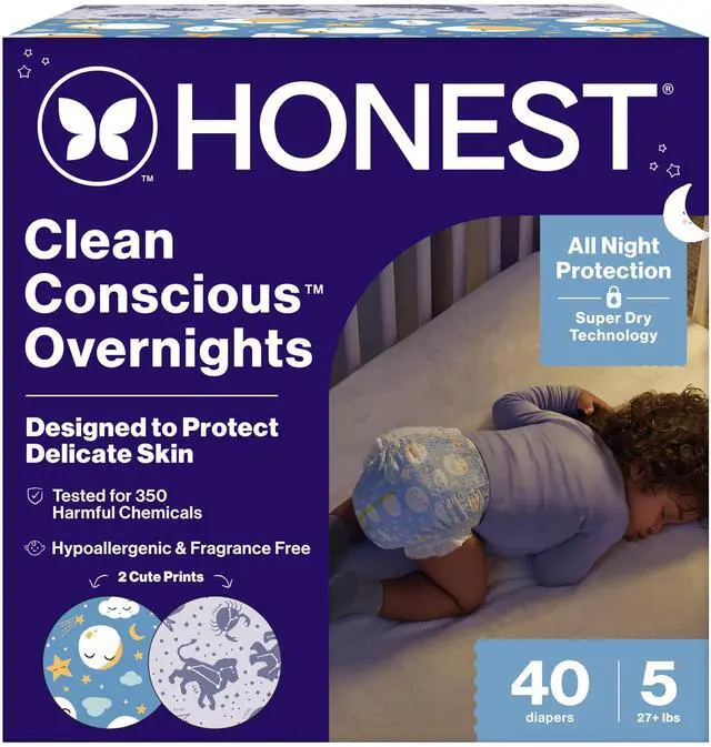 Main image of Comfort Dry Overnight Diapers, Up to 12 Hours Protection, Hypoallergenic, Cozy Cloud + Star Signs, Club Box Size 5 (27+ lbs), 40 Count