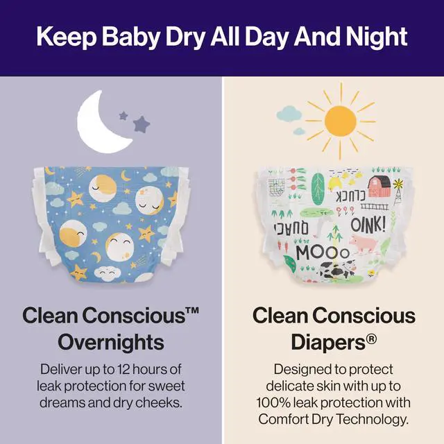 Alt view image 7 of 7 - Comfort Dry Overnight Diapers, Up to 12 Hours Protection, Hypoallergenic, Cozy Cloud + Star Signs, Club Box Size 5 (27+ lbs), 40 Count