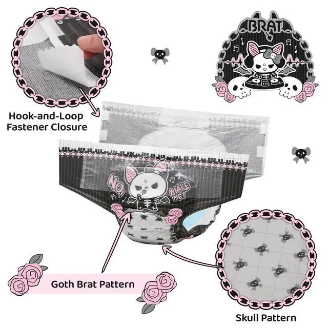 Alt view image 3 of 7 - Ultra Absorbent 7000 mL Adult Printed Diaper 10 Pieces - Goth Brat (Large 36"-48")