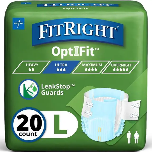 Main image of Adult Diapers, Ultra Heavy Absorbency, L (Waist Size 44in-56in), 20 Count, OptiFit Incontinence Briefs for Men and Women, Disposable, Moisture-Wicking, Leak Protection,