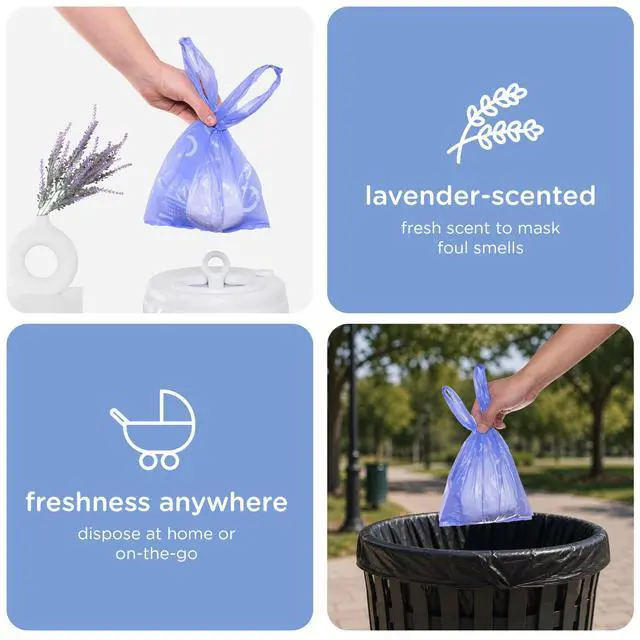 Alt view image 4 of 5 - Disposable Diaper Sacks, Lavender Scented, Easy-To-Tie Tabs, Diaper Disposal or Pet Waste Bags, 200 Count