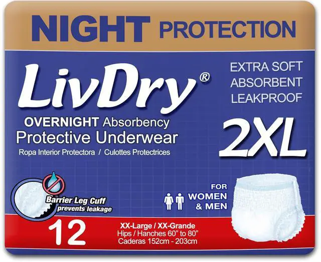 Main image of 2XL Overnight Adult Diapers for Women and Men, XXL Incontinence Underwear, 60-80" Waist, Disposable Pull-On Briefs, XX-Large, 12 Pack