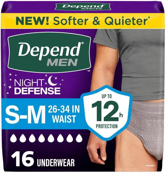 Main image of Night Defense Adult Diapers, Incontinence Underwear for Men, Disposable, Overnight, Small/Medium, Grey, 16 Count, Packaging May Vary