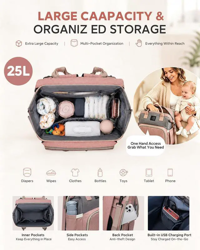 Alt view image 3 of 7 - Diaper Bag Backpack with Changing Station: Pink Baby Bags for Girls Boys New Mom Gifts Pañaleras Para Bebe Baby Girl Newborn Essentials Must Haves Baby Shower Gifts Baby Registry