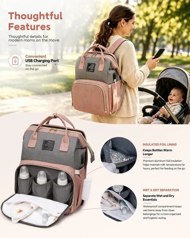 Alt view image 4 of 7 - Diaper Bag Backpack with Changing Station: Pink Baby Bags for Girls Boys New Mom Gifts Pañaleras Para Bebe Baby Girl Newborn Essentials Must Haves Baby Shower Gifts Baby Registry