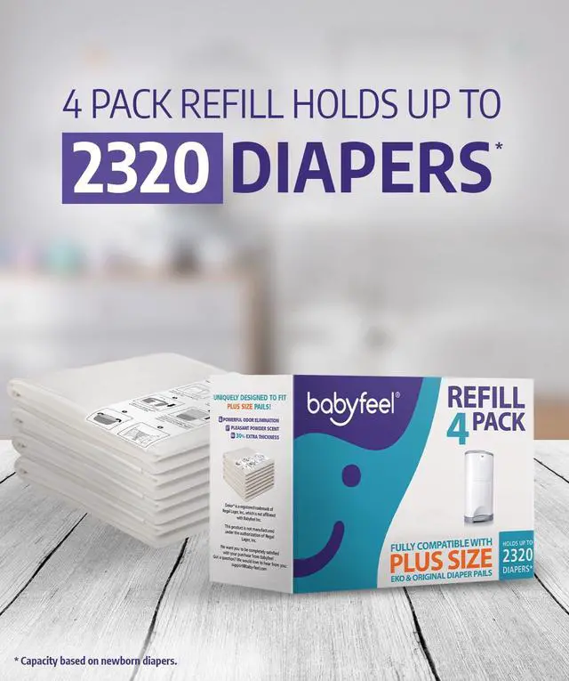 Alt view image 4 of 7 - Refills Compatible with DEKOR PLUS Diaper Pails | 4 Pack | Exclusive 30% Extra Thickness | Diaper Pail Refills with Powerful Odor Elimination | Fresh Powder Scent | Holds up to 2320 Diapers