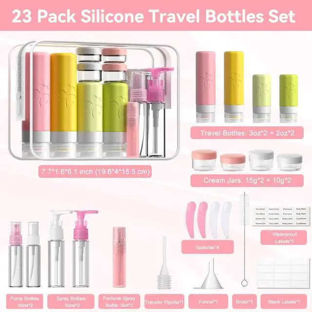 Alt view image 3 of 6 - 23 Pack Travel Bottles for Toiletries, TSA Approved Silicone Travel Size Toiletries with Toiletry Bag, BPA Free Leak Proof Refillable Travel Essentials for Liquids Shampoo Conditioner Lotion