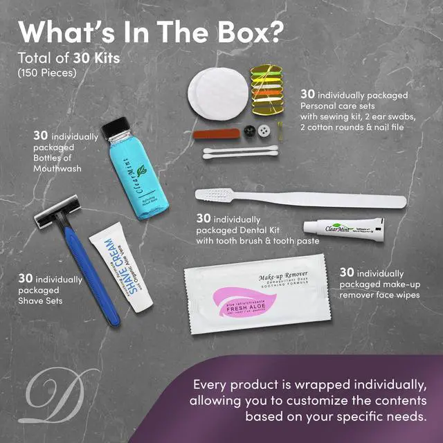 Alt view image 3 of 7 - Personal Care Travel Toiletries | 1-Shoppe Amenities Kit | Travel Shaving Set, Toothbrush & Paste, Mouthwash, Makeup Wipes, Swabs, Nail File & Sewing Kit | 150 Pieces