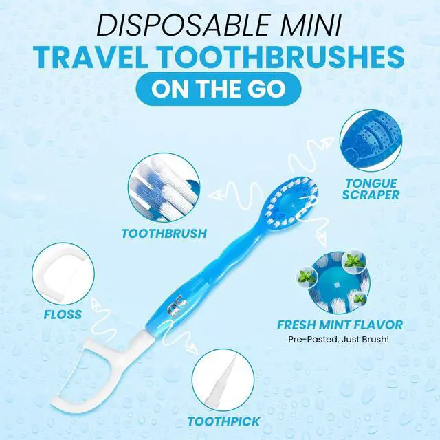 Alt view image 2 of 5 - 5-in-1 Disposable Travel Toothbrushes Mini Brushes with Toothpaste + Floss + Toothpick + Tongue Scraper | Individually Wrapped | Mint | 26 Count | SwiftBrush