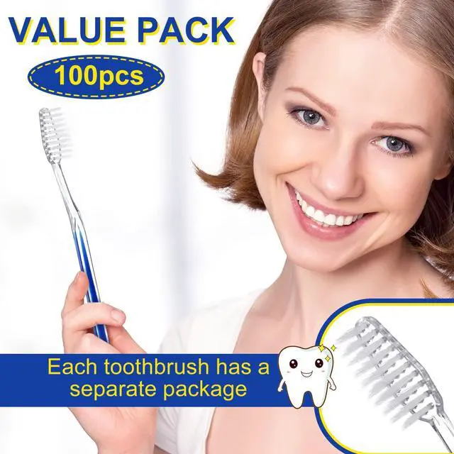 Alt view image 2 of 7 - 100 Pcs Individually Wrapped Toothbrush Bulk Disposable Travel Toothbrushes Soft Bristle Tooth Brush Single Pack for Camping Adults Kids Hotels Guest Toiletries (Blue)