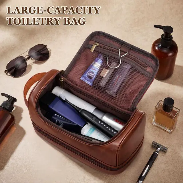 Alt view image 2 of 7 - Personalized Gifts Mens Travel Toiletry Bag with Hook, Water-resistant PU Leather Shaving Organizer with Engraved Letter Initials, Unique Groomsmen Birthday Gifts for Men, Dad, Husband, Son,M