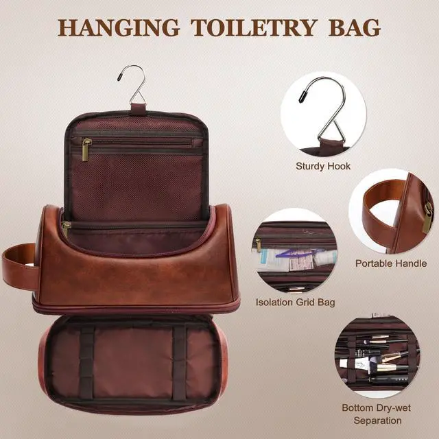 Alt view image 3 of 7 - Personalized Gifts Mens Travel Toiletry Bag with Hook, Water-resistant PU Leather Shaving Organizer with Engraved Letter Initials, Unique Groomsmen Birthday Gifts for Men, Dad, Husband, Son,M