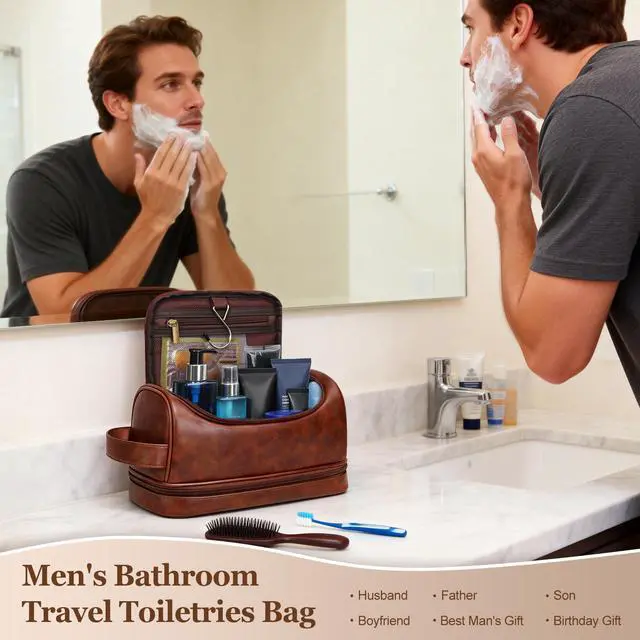 Alt view image 5 of 7 - Personalized Gifts Mens Travel Toiletry Bag with Hook, Water-resistant PU Leather Shaving Organizer with Engraved Letter Initials, Unique Groomsmen Birthday Gifts for Men, Dad, Husband, Son,M