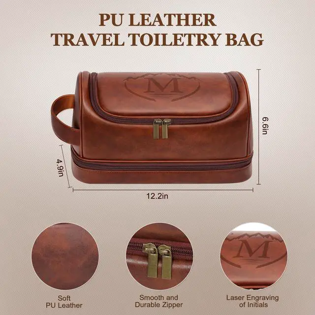 Alt view image 4 of 7 - Personalized Gifts Mens Travel Toiletry Bag with Hook, Water-resistant PU Leather Shaving Organizer with Engraved Letter Initials, Unique Groomsmen Birthday Gifts for Men, Dad, Husband, Son,M