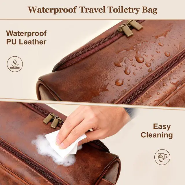 Alt view image 6 of 7 - Personalized Gifts Mens Travel Toiletry Bag with Hook, Water-resistant PU Leather Shaving Organizer with Engraved Letter Initials, Unique Groomsmen Birthday Gifts for Men, Dad, Husband, Son,M