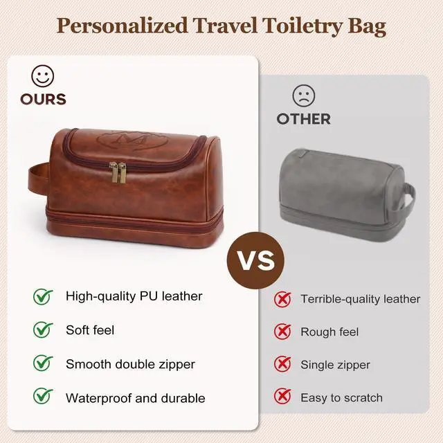 Alt view image 7 of 7 - Personalized Gifts Mens Travel Toiletry Bag with Hook, Water-resistant PU Leather Shaving Organizer with Engraved Letter Initials, Unique Groomsmen Birthday Gifts for Men, Dad, Husband, Son,M