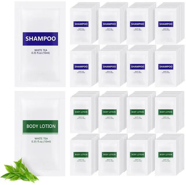 Main image of Travel Size Body Wash and Shampoo Bulk,Refreshing White Tea Scent,0.35 fl oz,Individually Wrapped Mini Shower Gel Shampoo Hygiene Kits for Travel/On The Go/Homeless Care/Hotel Guests(Pack of 100)