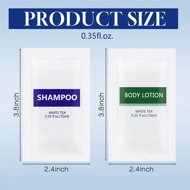 Alt view image 2 of 6 - Travel Size Body Wash and Shampoo Bulk,Refreshing White Tea Scent,0.35 fl oz,Individually Wrapped Mini Shower Gel Shampoo Hygiene Kits for Travel/On The Go/Homeless Care/Hotel Guests(Pack of 100)
