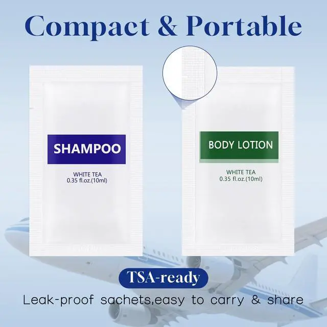 Alt view image 3 of 6 - Travel Size Body Wash and Shampoo Bulk,Refreshing White Tea Scent,0.35 fl oz,Individually Wrapped Mini Shower Gel Shampoo Hygiene Kits for Travel/On The Go/Homeless Care/Hotel Guests(Pack of 100)