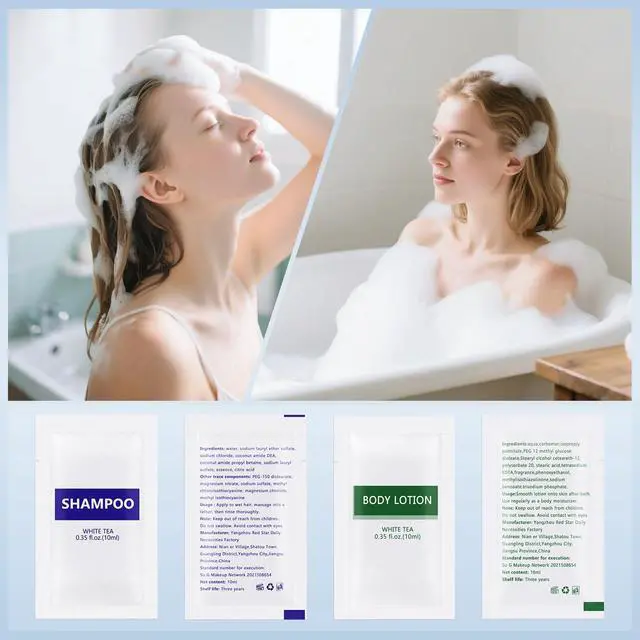 Alt view image 4 of 6 - Travel Size Body Wash and Shampoo Bulk,Refreshing White Tea Scent,0.35 fl oz,Individually Wrapped Mini Shower Gel Shampoo Hygiene Kits for Travel/On The Go/Homeless Care/Hotel Guests(Pack of 100)