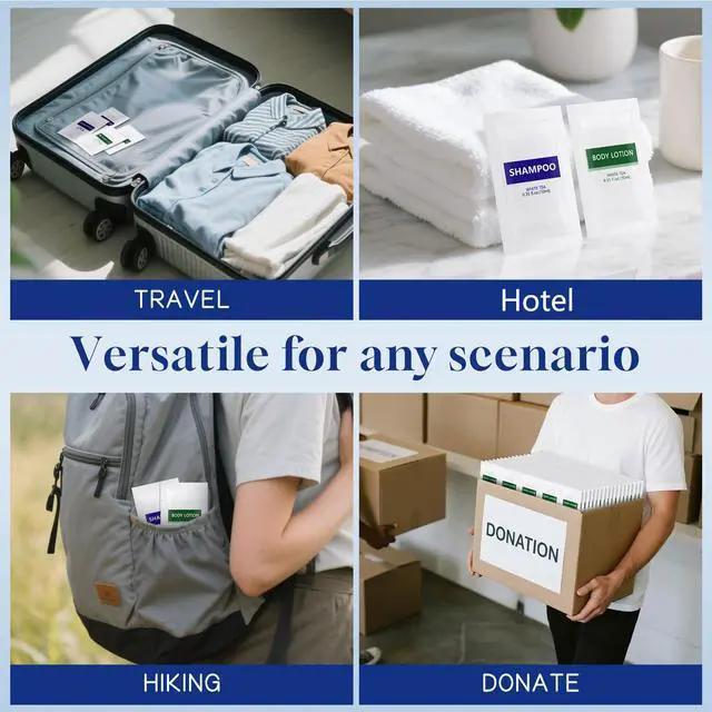 Alt view image 6 of 6 - Travel Size Body Wash and Shampoo Bulk,Refreshing White Tea Scent,0.35 fl oz,Individually Wrapped Mini Shower Gel Shampoo Hygiene Kits for Travel/On The Go/Homeless Care/Hotel Guests(Pack of 100)