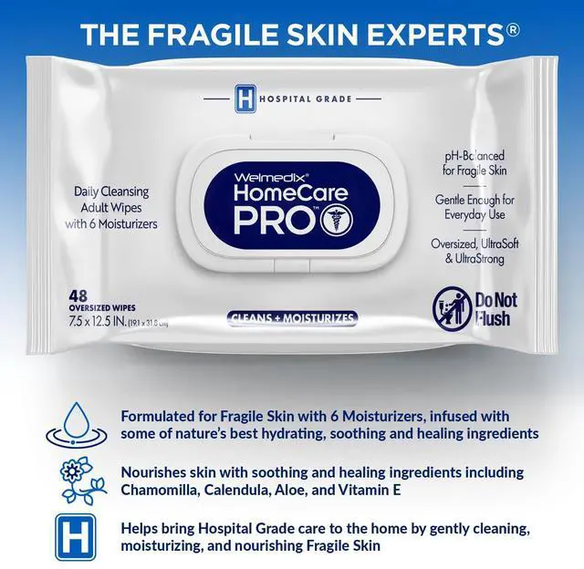 Alt view image 3 of 7 - Adult Bathing Wipes - Oversized No Rinse Bath Wipes with Moisturizers, Hospital Grade Daily Cleansing Disposable Washcloths for Adults, Rinse Free for Fragile Skin, XL 7.5 x 12.5 - 48 Count