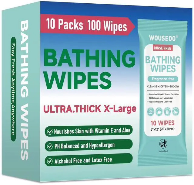 Main image of No Rinse Bathing Wipes for Adults 100 Count, Extra Thick 8x12 Inch