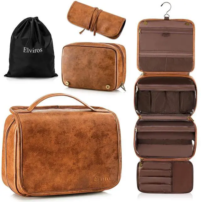 Main image of Hanging Toiletry Bag for Men Travel Essentials 3-in-1 Large Waterproof Dopp Kit PU Leather Shaving Bag with Separate Compartments for Grooming and Toiletries Mens Gift