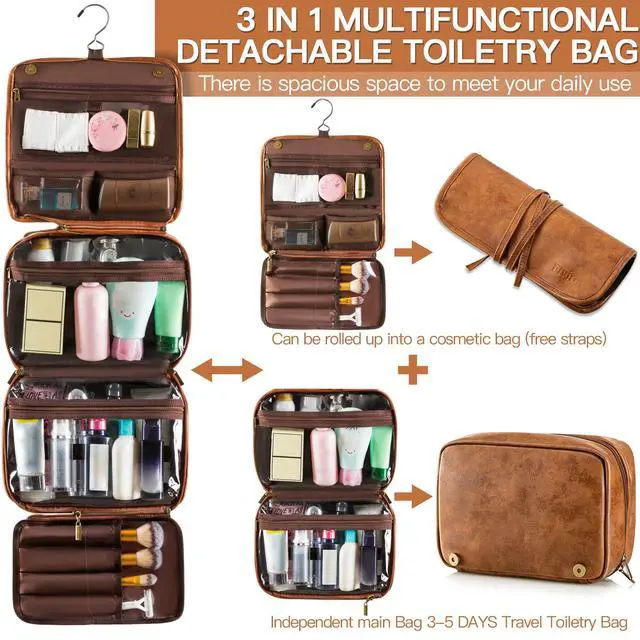 Alt view image 2 of 7 - Hanging Toiletry Bag for Men Travel Essentials 3-in-1 Large Waterproof Dopp Kit PU Leather Shaving Bag with Separate Compartments for Grooming and Toiletries Mens Gift