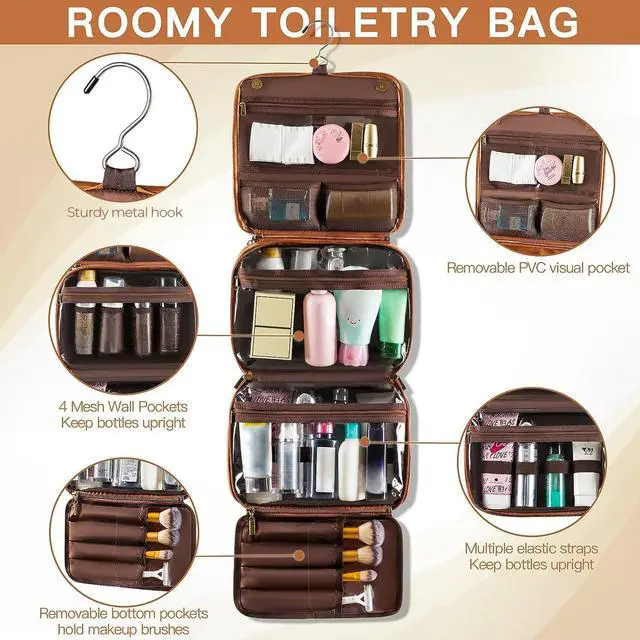 Alt view image 4 of 7 - Hanging Toiletry Bag for Men Travel Essentials 3-in-1 Large Waterproof Dopp Kit PU Leather Shaving Bag with Separate Compartments for Grooming and Toiletries Mens Gift