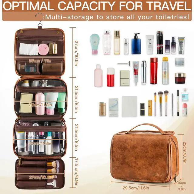 Alt view image 6 of 7 - Hanging Toiletry Bag for Men Travel Essentials 3-in-1 Large Waterproof Dopp Kit PU Leather Shaving Bag with Separate Compartments for Grooming and Toiletries Mens Gift