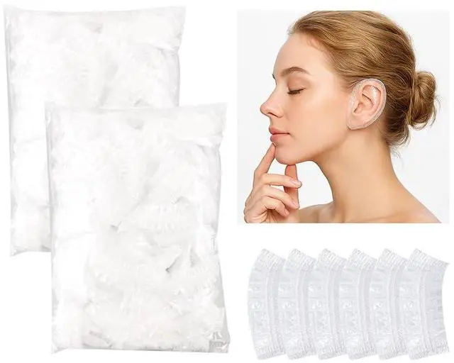 Main image of 200 Pack Clear Disposable Ear Covers for Shower, Waterproof Plastic Ear Protectors for Hair Dye, Shower, and Bathing for Adults