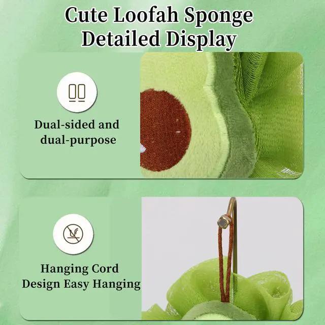 Alt view image 3 of 7 - 1 Pack of Children's Bath Loofah Sponge, Cute Avocado Shaped Sponge for Children, Toddlers, Adults, Shower Exfoliating Body Scrub Mesh Sponges, Suitable for Both Men and Women