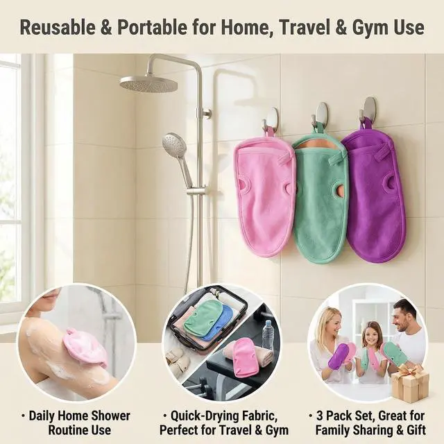 Alt view image 7 of 7 - 3PCS Bathing Mittens, Reusable Exfoliating Soft Shower Gloves, Back Rubbing Body Wash Massage Spa Mitt for Adults Family (Pink, Green, Purple)