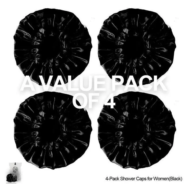 Alt view image 6 of 7 - Shower Puffs and Shower Caps 4 Pack Black, Bath Sponge Shower Loofahs Mesh Pouf and Double Large Waterproof Bath Caps for Hair