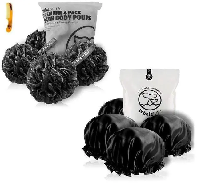 Main image of Shower Puffs and Shower Caps 4 Pack Black, Bath Sponge Shower Loofahs Mesh Pouf and Double Large Waterproof Bath Caps for Hair
