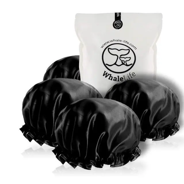 Alt view image 5 of 7 - Shower Puffs and Shower Caps 4 Pack Black, Bath Sponge Shower Loofahs Mesh Pouf and Double Large Waterproof Bath Caps for Hair