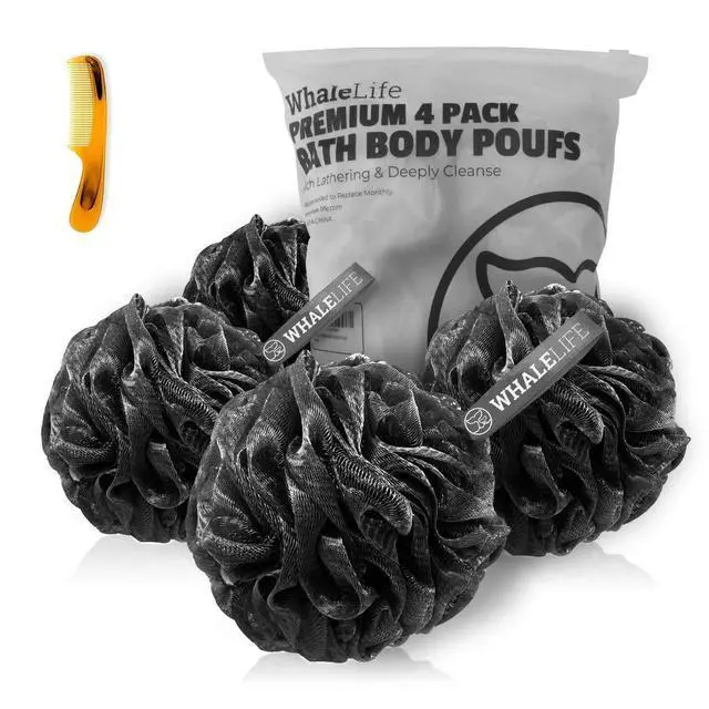 Alt view image 2 of 7 - Shower Puffs and Shower Caps 4 Pack Black, Bath Sponge Shower Loofahs Mesh Pouf and Double Large Waterproof Bath Caps for Hair