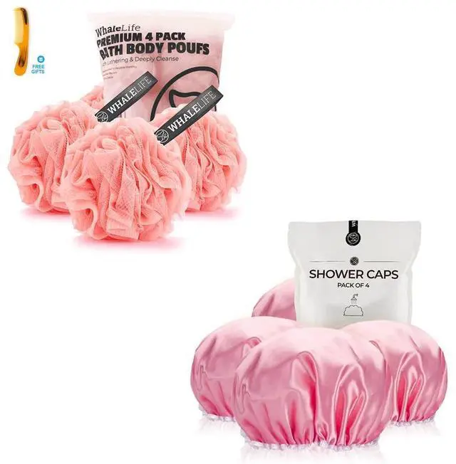 Main image of Shower Loofahs and Shower Caps 4 Pack Pink, Bath Sponge Shower Puffs Mesh Pouf and Double Large Waterproof Bath Caps for Hair