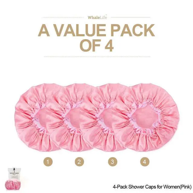 Alt view image 7 of 7 - Shower Loofahs and Shower Caps 4 Pack Pink, Bath Sponge Shower Puffs Mesh Pouf and Double Large Waterproof Bath Caps for Hair