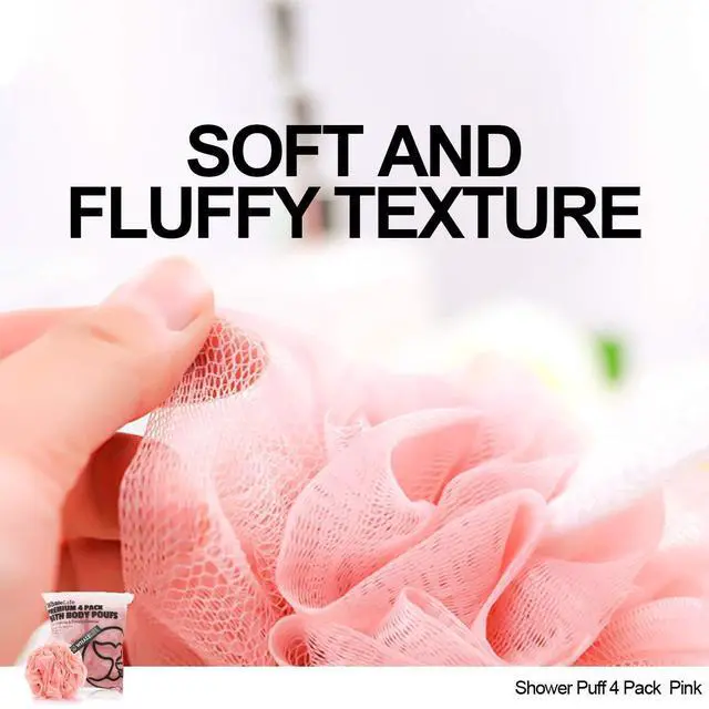 Alt view image 3 of 7 - Shower Loofahs and Shower Caps 4 Pack Pink, Bath Sponge Shower Puffs Mesh Pouf and Double Large Waterproof Bath Caps for Hair